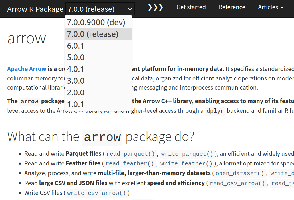screenshot of Arrow pkgdown site with dropdown selector clicked on